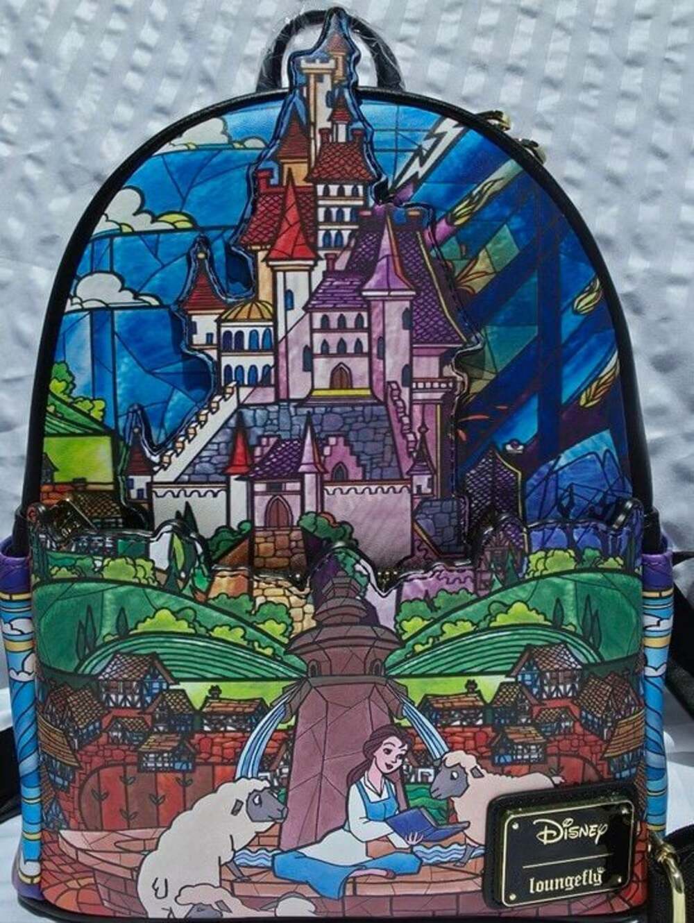 NWT Loungefly Disney Beauty & The Beast Stained Glass Belle Castle Mini Backpack